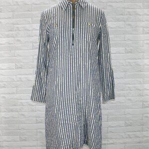 ANNE KLEIN Shirt Dress Tunic Stripe Metallic Gold Midi Classic Silk Blue 6